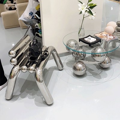 速发不锈钢凳子椅子简意玻璃茶几约创服装店桌子金属设计会客边几