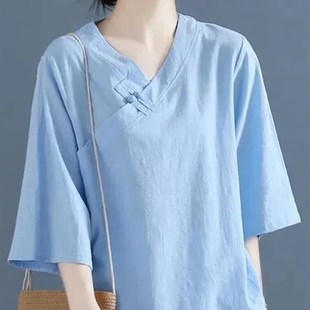 禅意茶服 汉服改良旗袍上素衣麻素衣衬衣中式 速发中国风汉元 棉唐装