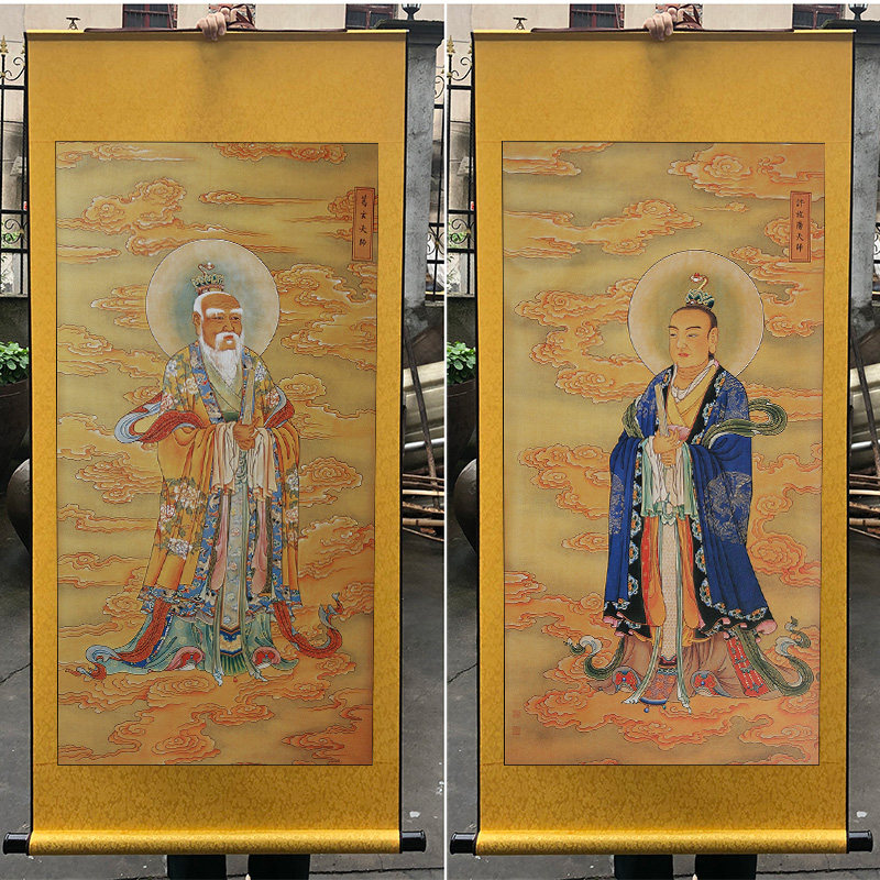 速发国画人物挂画四大天师字关客厅中式装饰画丝绸卷轴画玄画包邮