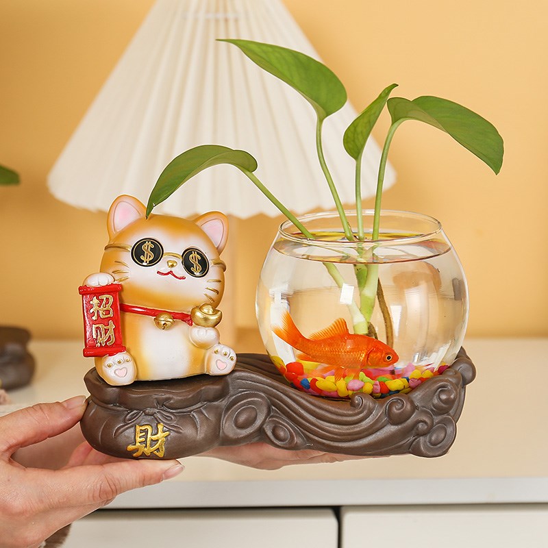 速发简约招财猫水培花瓶装摆饰件办公室客厅家用透明绿养萝器皿