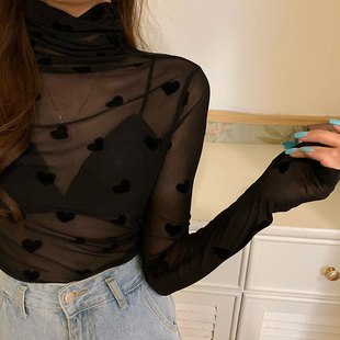 速发爱心网纱底打衫2021新款夏季t款性感内搭蕾丝长袖薄恤上衣