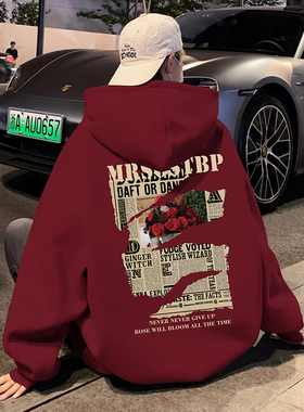 速发玫瑰印花情侣卫衣男春o帽宽松复古外套ivers连ze帽衫