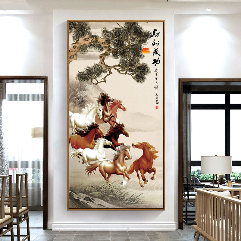 速发八过图玄户入关装饰画竖版马到成功国画客厅骏马图走廊骏道挂