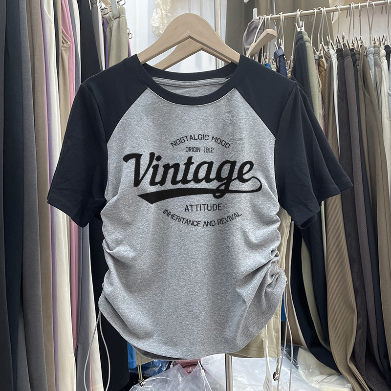 速发绳式插肩抽恤夏短款t美上衣微胖穿搭高腰复古ch不规则