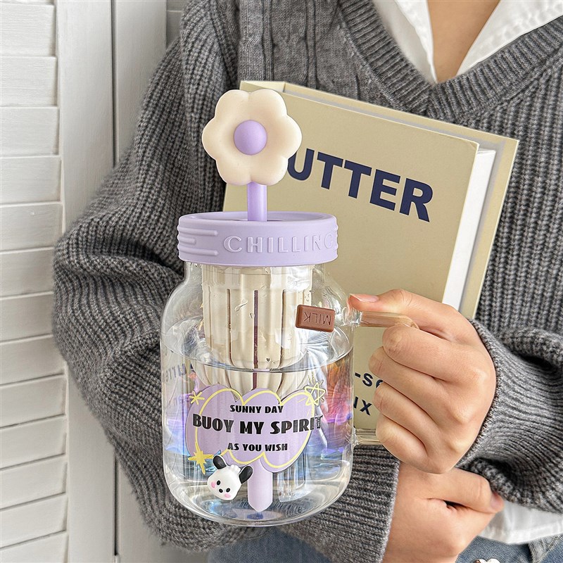 速发玻璃杯咖啡杯硼高硅耐水温高杯高颜值吸管杯子带把手茶