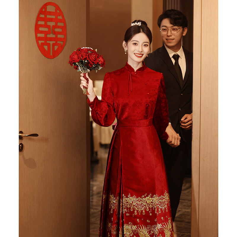 速发套面裙婚服马装订婚娘嫁衣敬酒服新服中式旗袍酒红色上衣结婚