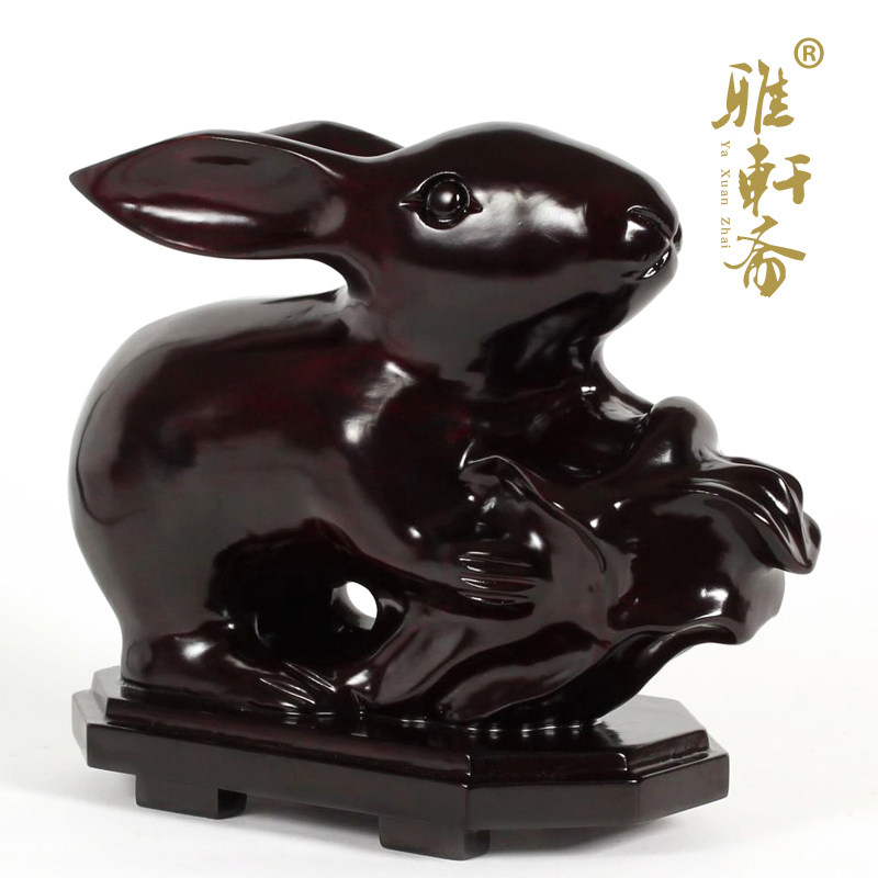 速发红木雕刻12十二生肖兔工艺质家实木品白菜兔子 居玄关