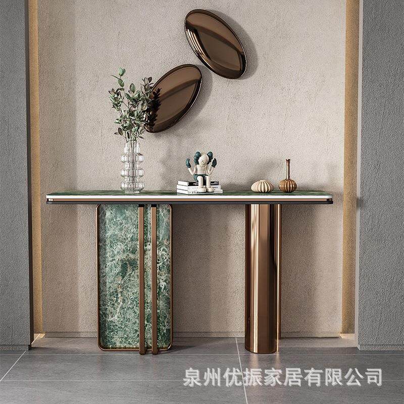 速发轻奢大理石纹玄关台不锈钢玄关桌入户客厅端景台窄条案岩板玄