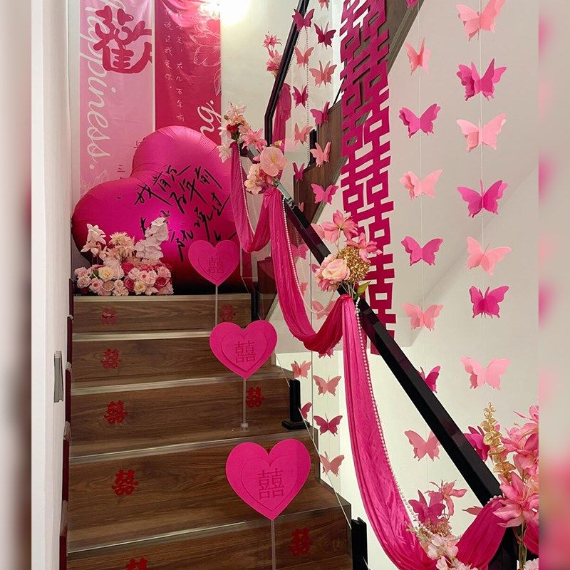 速发吾饰婚品玫房色系男方结婚婚红楼梯扶手装家套装创意拉花布置