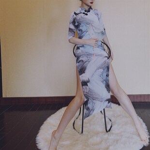 速发WYZ开品旗国中国墨画旗袍高领气质连衣裙高新叉旗袍袍风