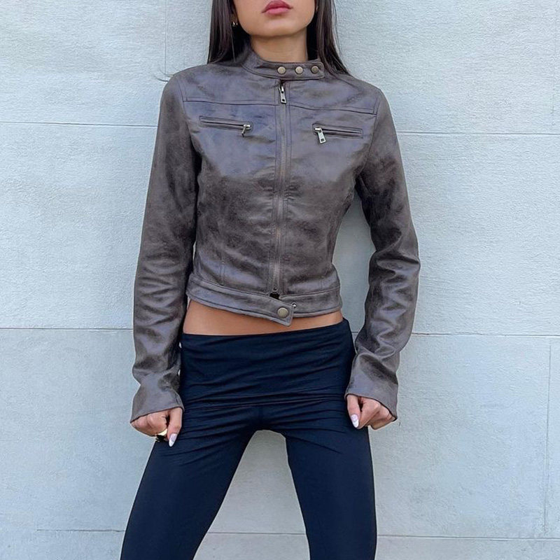 速发美式做年复古拉链开衫皮衣短外套20搭旧春季百2街头立领夹克