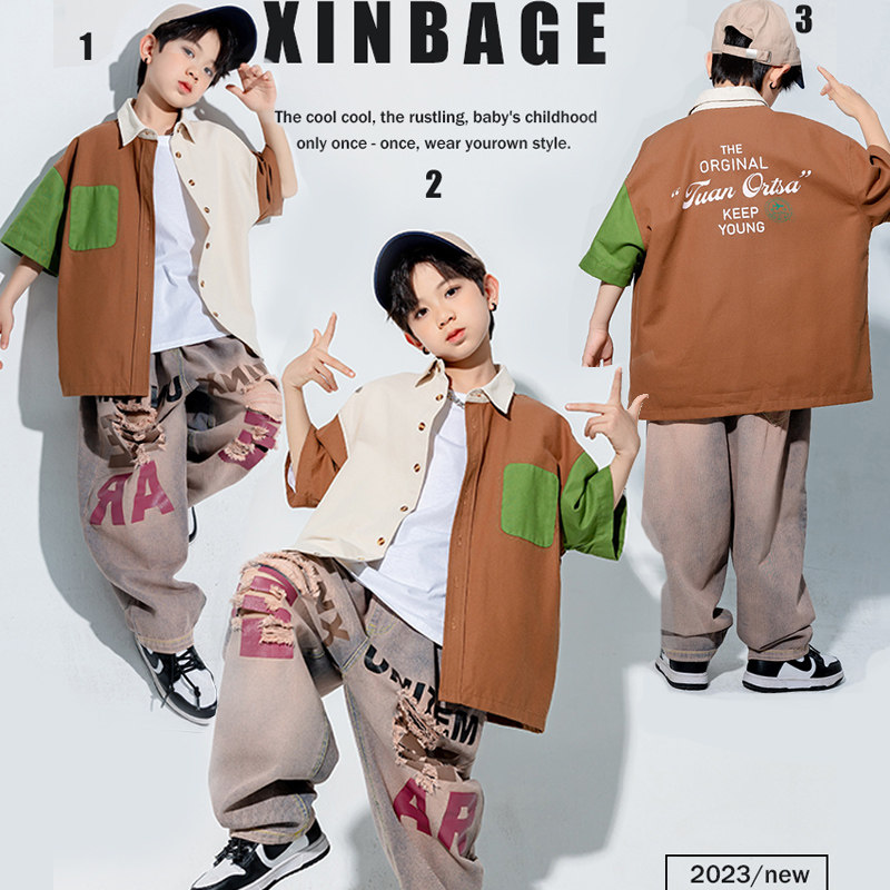 速发爵士装男 童服舞幼儿演出服宽服T恤牛仔裤走秀嘻哈街舞潮松ja