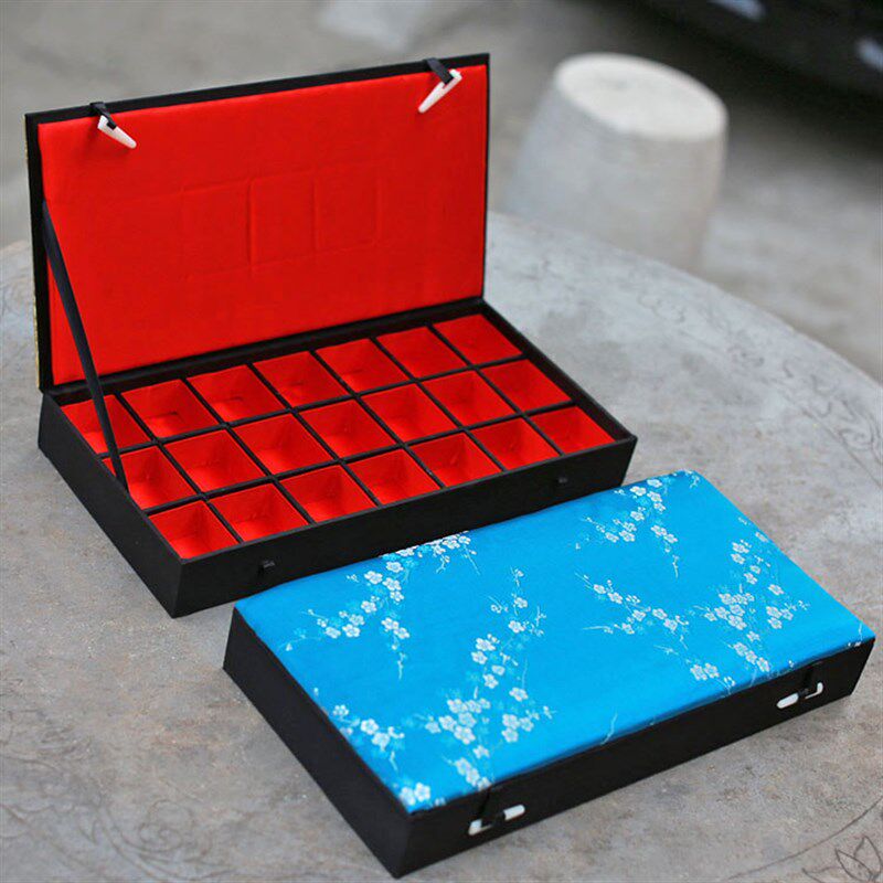 速发中宝风织锦缎2格21格12格多国格首饰耳钉玉石籽料收纳展示盒