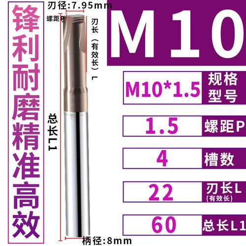 60度螺纹铣刀单牙三牙钨钢合金公制螺纹刀M2钢用涂层M3加长铣牙刀