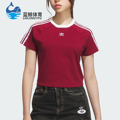 Adidas/阿迪达斯正品三叶草女士修身三条纹圆领透气短袖KF0314