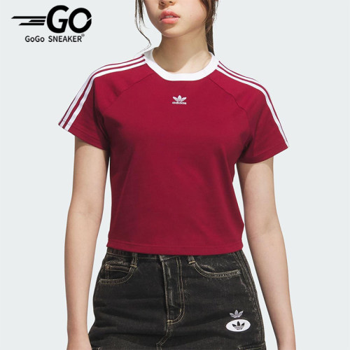 Adidas/阿迪达斯正品三叶草女士修身三条纹圆领透气短袖KF0314