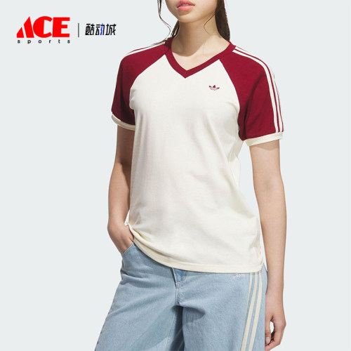 Adidas/阿迪达斯正品三叶草女士V领时尚透气运动拼接短袖KE6163
