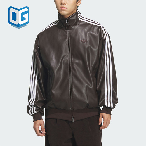 Adidas/阿迪达斯正品三叶草男女立领休闲条纹复古仿皮夹克KQ5473