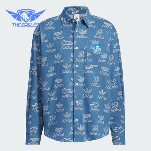 Adidas/阿迪达斯正品三叶草男士宽松翻领满印经典时尚衬衫JN1662