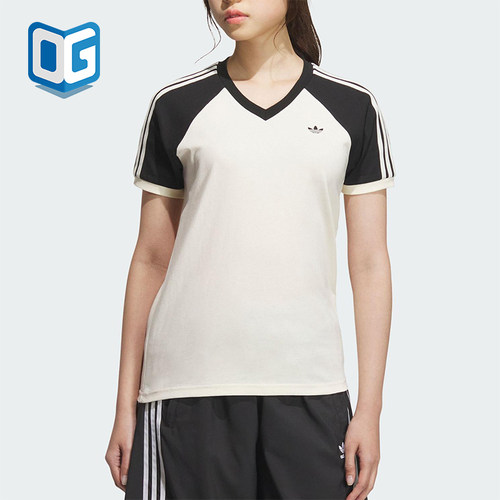 Adidas/阿迪达斯正品三叶草女士V领日常拼接透气休闲短袖KF0316