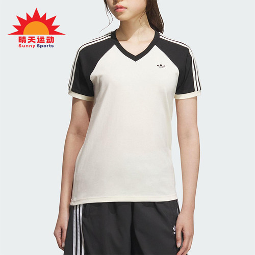 Adidas/阿迪达斯正品三叶草女士V领日常拼接透气休闲短袖KF0316