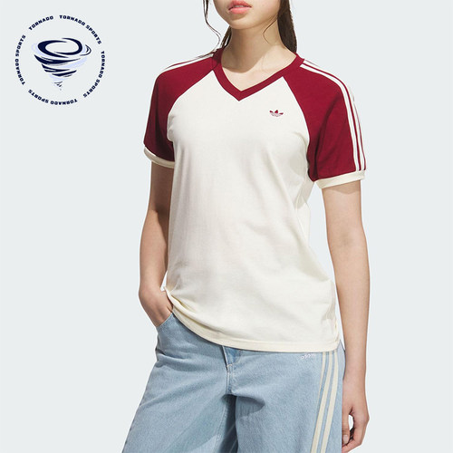 Adidas/阿迪达斯正品三叶草女士V领时尚透气运动拼接短袖KE6163