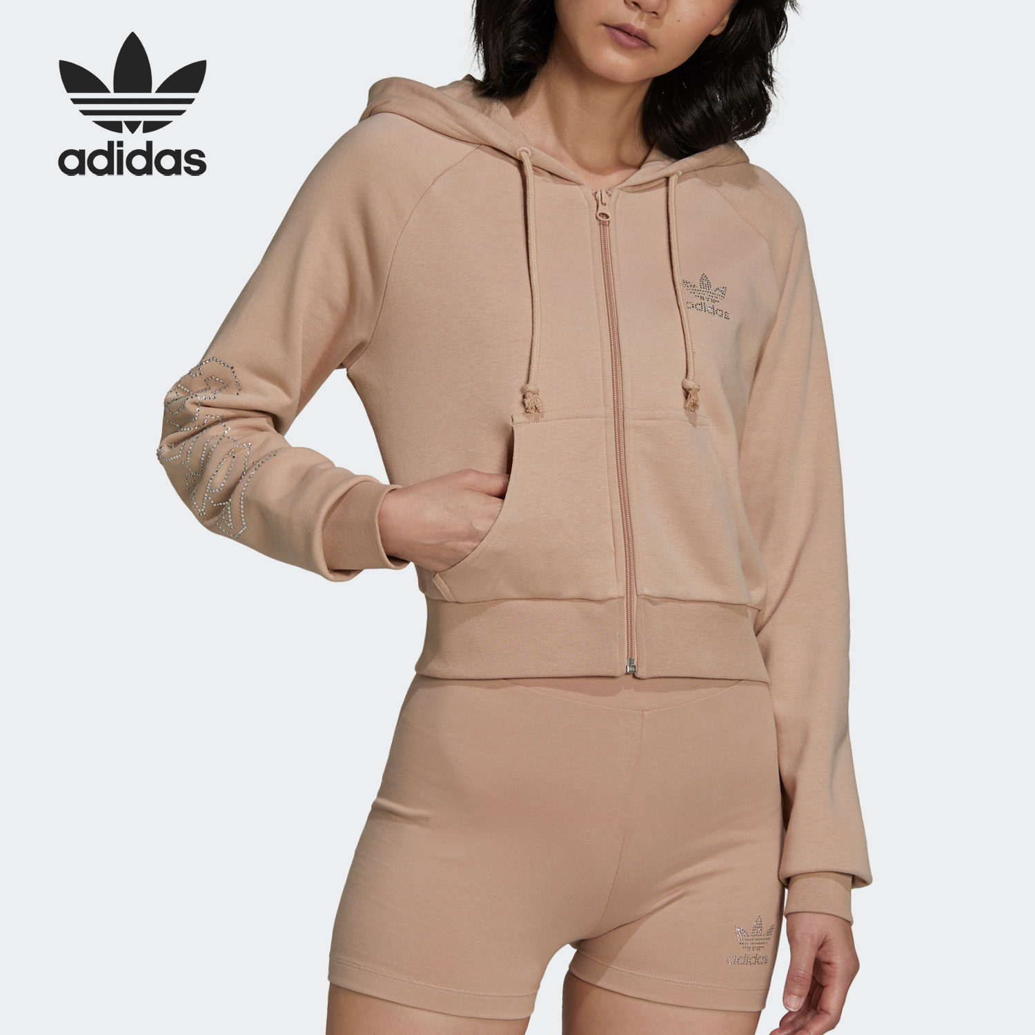 Adidas/阿迪达斯正品Cropped三叶草女子运动连帽外套 HF6766