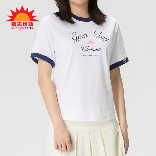 Adidas/阿迪达斯正品VERBIAGE新款女白蓝色撞色经典短袖T恤KB7196