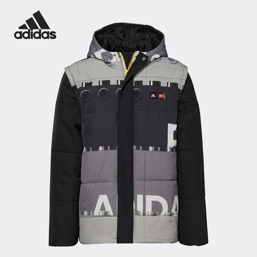 Adidas/阿迪达斯正品新款大童印花拼接二合一连帽棉服HM2226