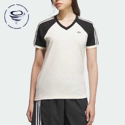 Adidas/阿迪达斯正品三叶草女士V领日常拼接透气休闲短袖KF0316