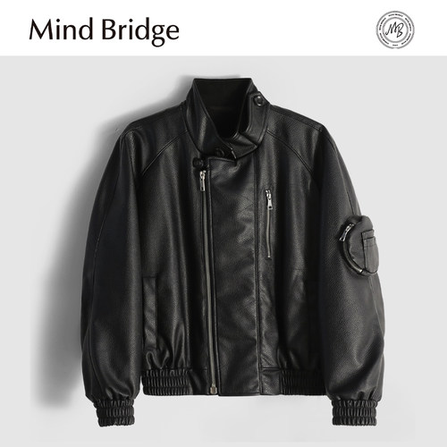 MindBridge新款2025冬季高端PU皮荔枝纹防风保暖立领棉服皮夹克男