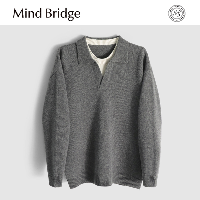 MindBridge新款2025秋冬季男士假两件翻领休闲保暖内搭针织衫打底