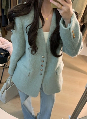 小香风V领毛呢外套女加厚保暖绿色单排扣长袖气质外套