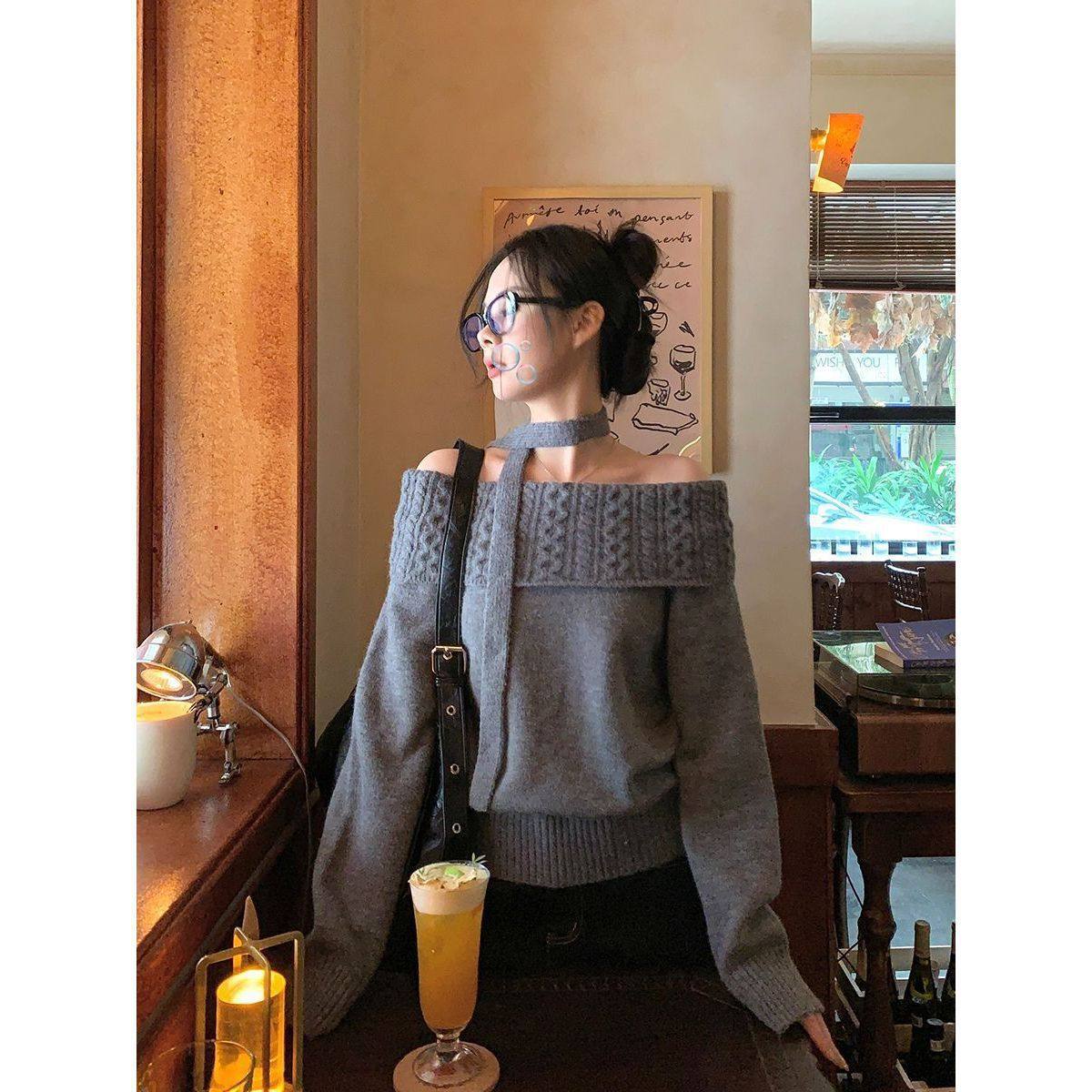 2025秋冬新款一字领高级感长袖露肩毛衣女韩系慵懒风女装上衣外套,女装/女士精品,毛衣,淘宝优惠券,粉丝福利购,淘宝优惠卷