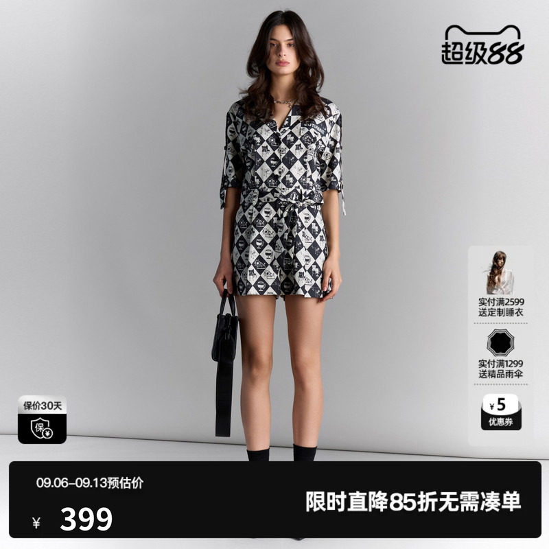 U/TI休闲短袖连体裤短裤女百搭气质黑白格休闲裤尤缇2025夏季新款
