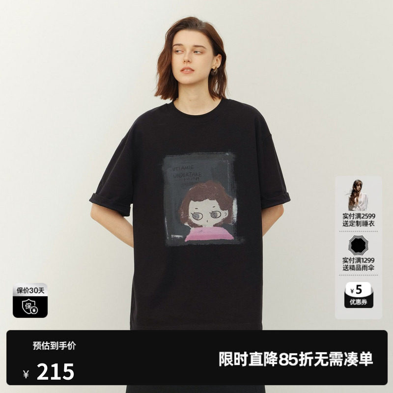 U/TI 黑色100%棉小女孩印花短袖T恤女装落肩宽松尤缇2026夏季新款