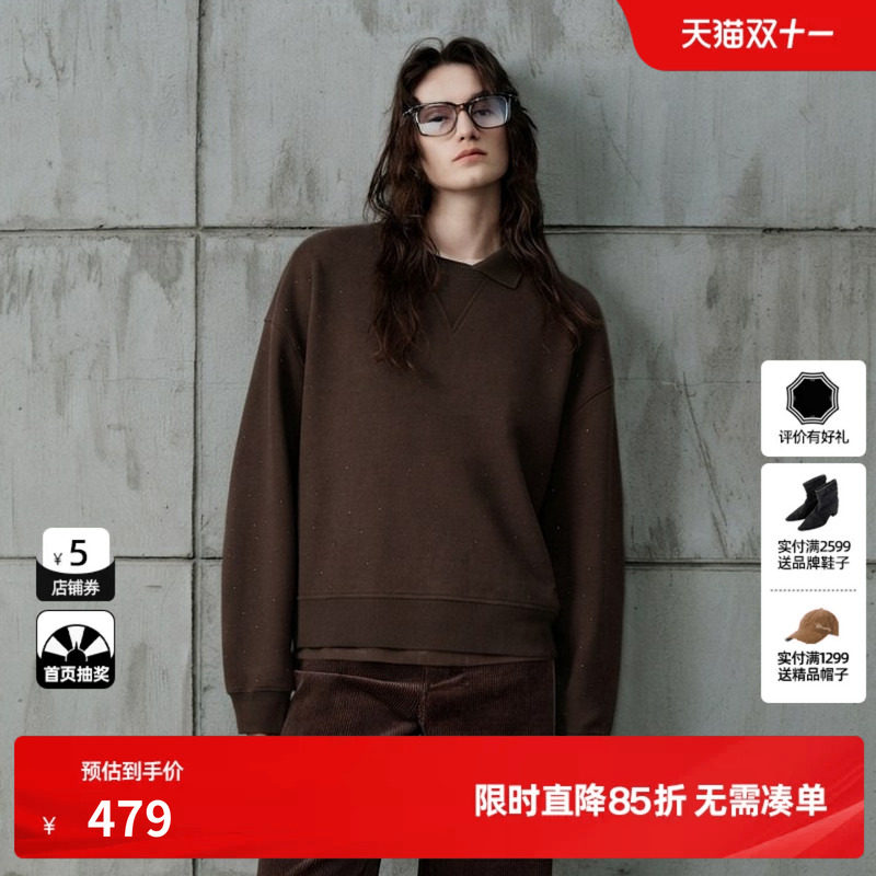 U/TI 咖色棉感polo翻领长袖卫衣女慵懒休闲短T恤尤缇2026冬季新款