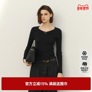 U/TI黑色圆领长袖针织衫女套头修身显瘦打底毛衣尤缇2026春季新款