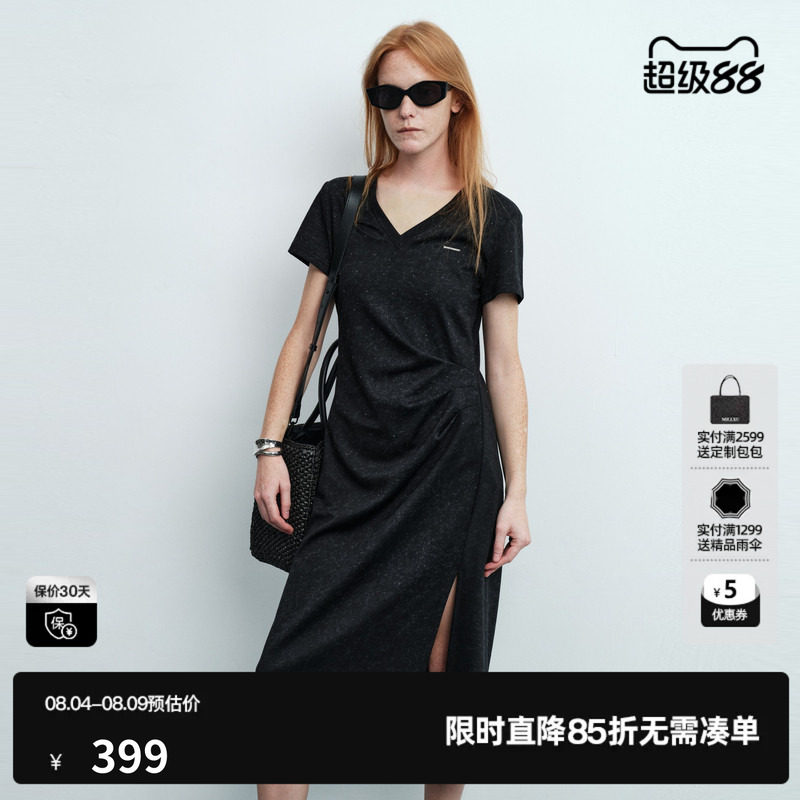 U/TI黑色棉感短袖连衣裙女V领收腰捏褶直筒中裙 尤缇2026夏季新款