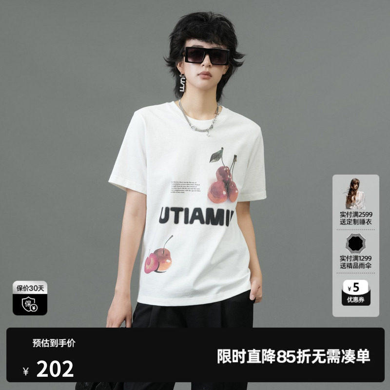U/TI 白色樱桃印花100%棉T恤女百搭圆领休闲上衣尤缇2025春季新款