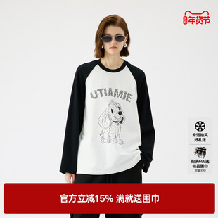 U/TI拼色重工亮钻棉质T恤女 时尚插肩袖休闲上衣尤缇2025冬季新款