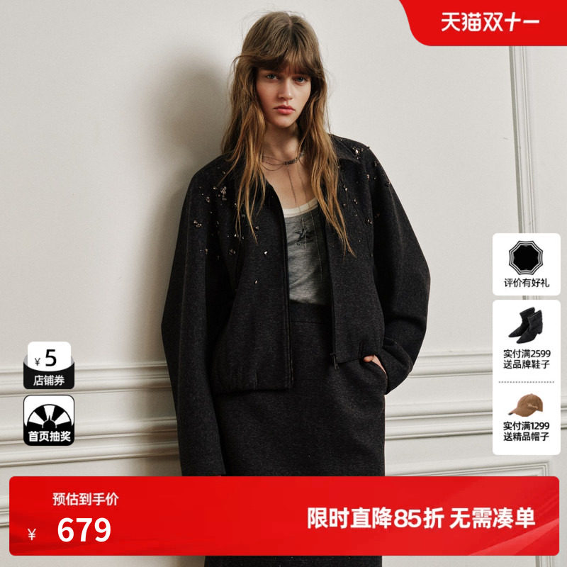 U/TI深灰色翻领镶钻长袖短款外套女宽松休闲通勤尤缇2026秋季新款