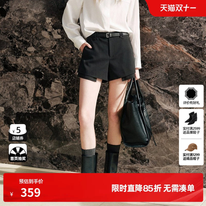 U/TI 黑色配腰带A字休闲裤女拼接假两件西装短裤尤缇2026秋季新款
