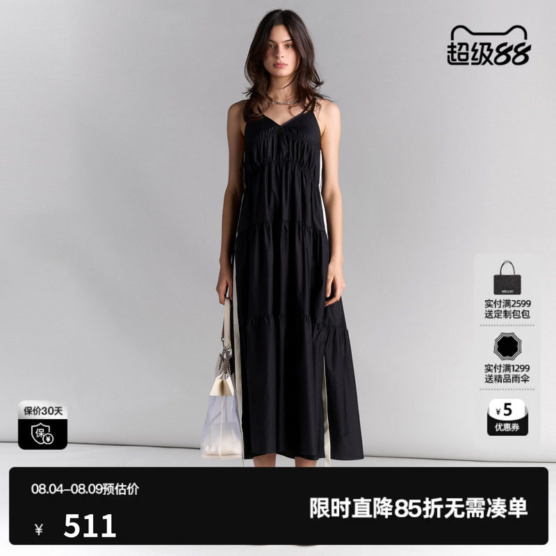 U/TI度假风黑色吊带裙女装棉感轻盈背心裙连衣裙尤缇2025夏季新款