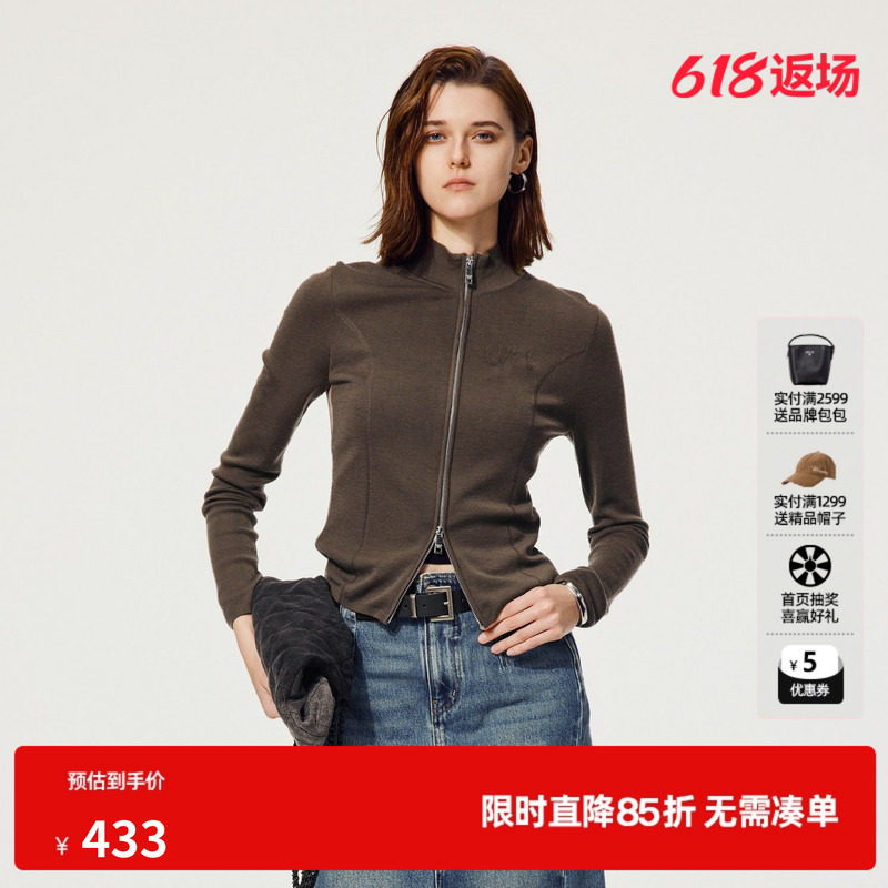 U/TI酷感双拉链毛衫女简约通勤绵羊毛针织衫上衣尤缇2025秋季新款