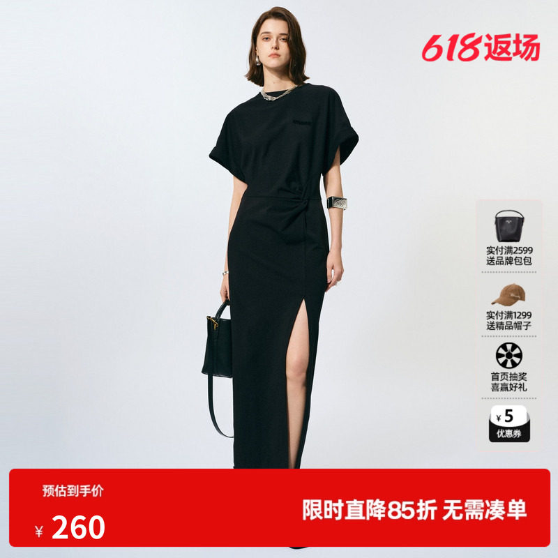 U/TI黑色开衩棉感连衣裙女 设计感褶皱T恤裙长裙尤缇2025春季新款