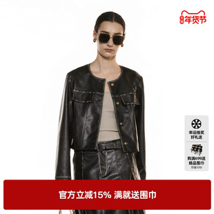 U/TI复古擦色皮外套女装简约做旧通勤风无领上衣尤缇2025秋季新款