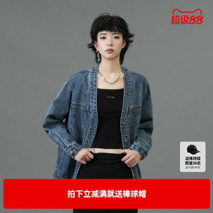 TI廓感无领牛仔外套女装 百搭丹宁磨白休闲上衣尤缇2025春季 新款