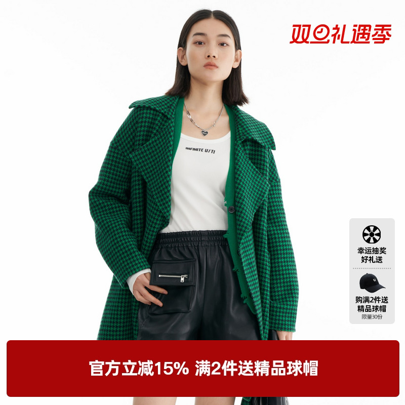 U/TI尤缇2022冬季新款绿色格纹外套UI4D1093995