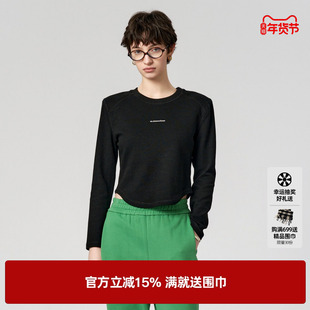 U/TI黑色小众垫肩打底T恤女装 百搭修身短款长袖尤缇2023冬季新款